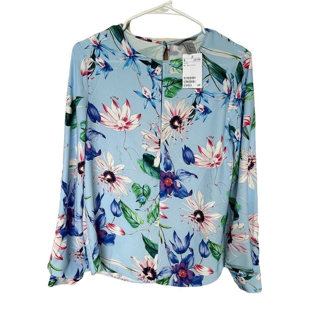 HM Blouse Women's Size 2‎ Blue Pink Floral Design Long Sleeves Keyhole Back NWT